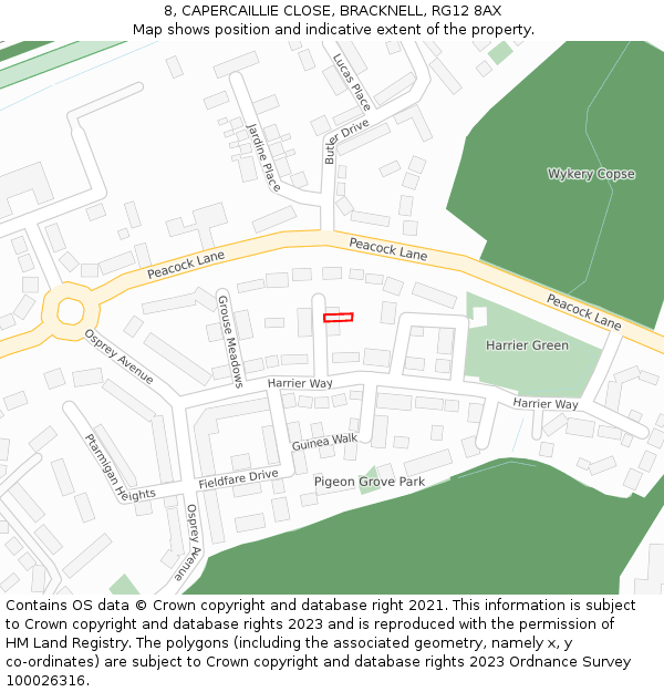 8, CAPERCAILLIE CLOSE, BRACKNELL, RG12 8AX: Location map and indicative extent of plot