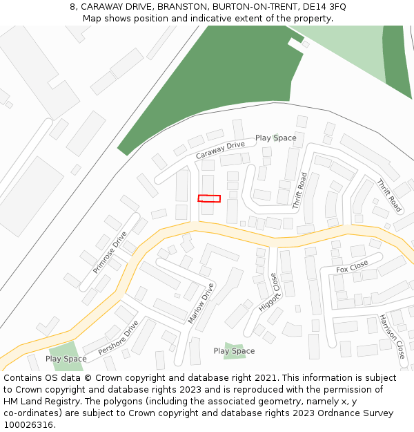8, CARAWAY DRIVE, BRANSTON, BURTON-ON-TRENT, DE14 3FQ: Location map and indicative extent of plot
