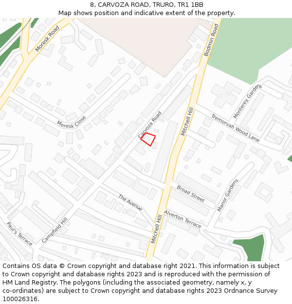 8, CARVOZA ROAD, TRURO, TR1 1BB: Location map and indicative extent of plot