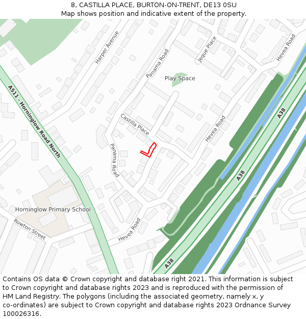 8, CASTILLA PLACE, BURTON-ON-TRENT, DE13 0SU: Location map and indicative extent of plot