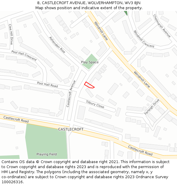 8, CASTLECROFT AVENUE, WOLVERHAMPTON, WV3 8JN: Location map and indicative extent of plot