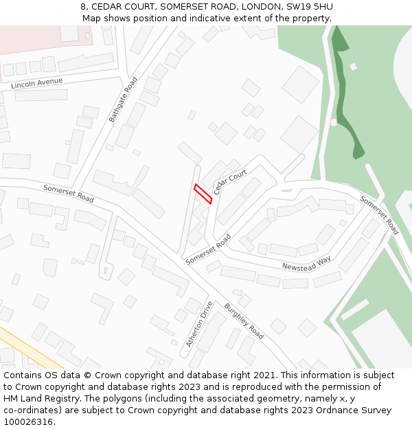 8, CEDAR COURT, SOMERSET ROAD, LONDON, SW19 5HU: Location map and indicative extent of plot