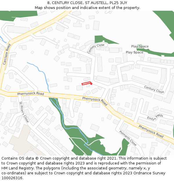 8, CENTURY CLOSE, ST AUSTELL, PL25 3UY: Location map and indicative extent of plot