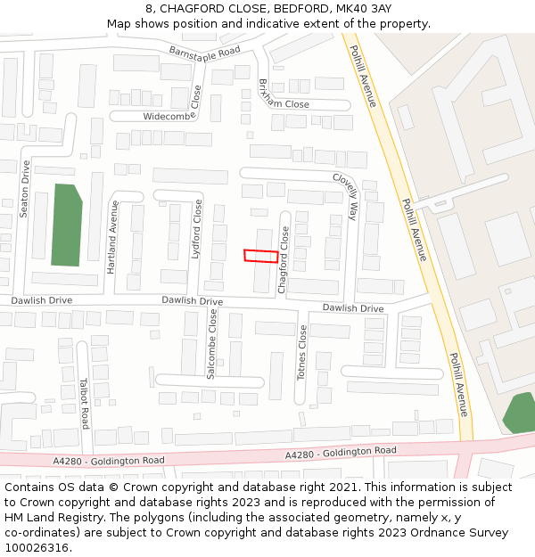 8, CHAGFORD CLOSE, BEDFORD, MK40 3AY: Location map and indicative extent of plot