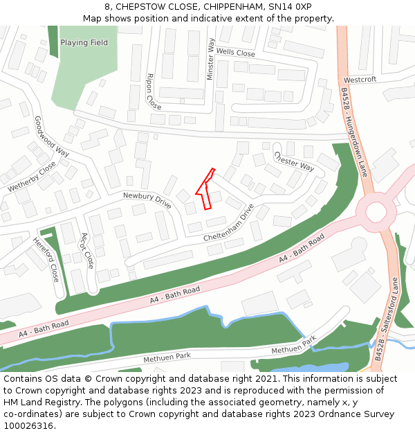 8, CHEPSTOW CLOSE, CHIPPENHAM, SN14 0XP: Location map and indicative extent of plot