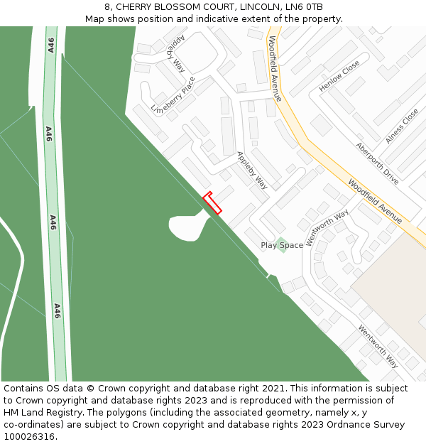 8, CHERRY BLOSSOM COURT, LINCOLN, LN6 0TB: Location map and indicative extent of plot