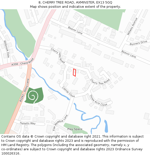 8, CHERRY TREE ROAD, AXMINSTER, EX13 5GQ: Location map and indicative extent of plot