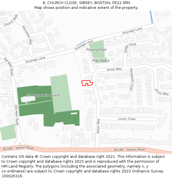 8, CHURCH CLOSE, SIBSEY, BOSTON, PE22 0RN: Location map and indicative extent of plot