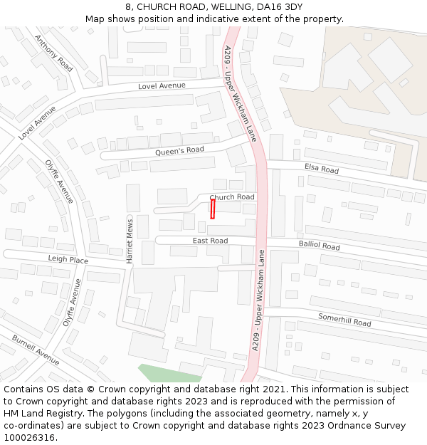 8, CHURCH ROAD, WELLING, DA16 3DY: Location map and indicative extent of plot