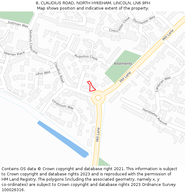 8, CLAUDIUS ROAD, NORTH HYKEHAM, LINCOLN, LN6 9PH: Location map and indicative extent of plot