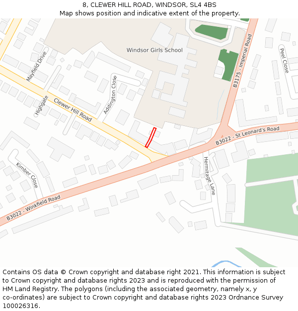8, CLEWER HILL ROAD, WINDSOR, SL4 4BS: Location map and indicative extent of plot