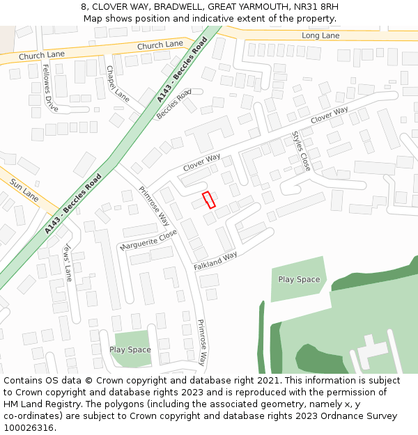 8, CLOVER WAY, BRADWELL, GREAT YARMOUTH, NR31 8RH: Location map and indicative extent of plot