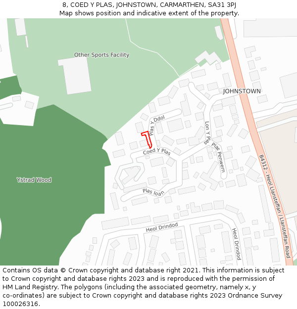 8, COED Y PLAS, JOHNSTOWN, CARMARTHEN, SA31 3PJ: Location map and indicative extent of plot