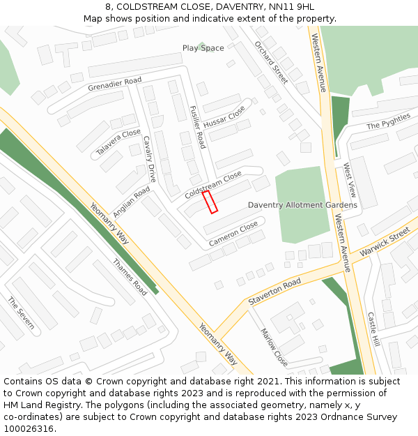 8, COLDSTREAM CLOSE, DAVENTRY, NN11 9HL: Location map and indicative extent of plot