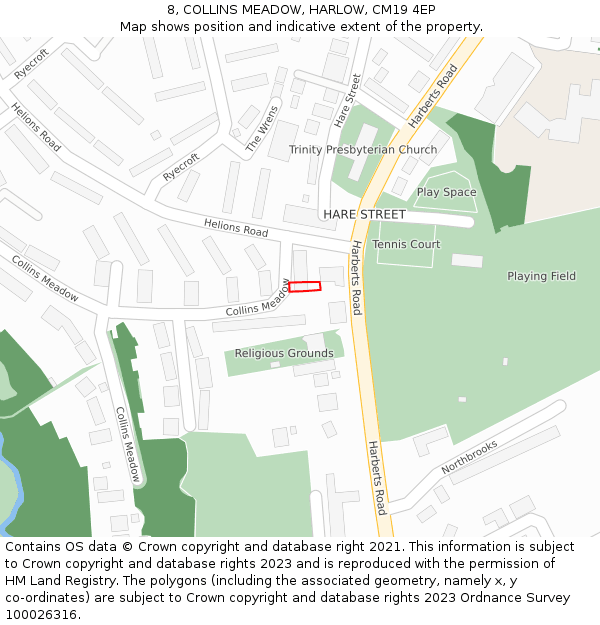 8, COLLINS MEADOW, HARLOW, CM19 4EP: Location map and indicative extent of plot