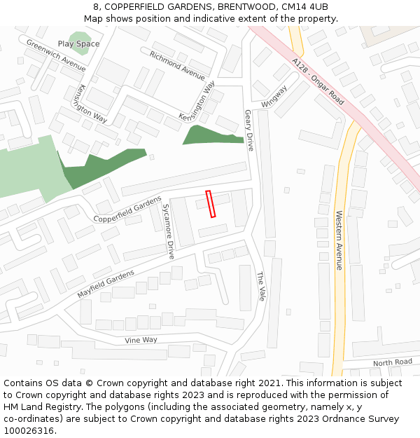 8, COPPERFIELD GARDENS, BRENTWOOD, CM14 4UB: Location map and indicative extent of plot