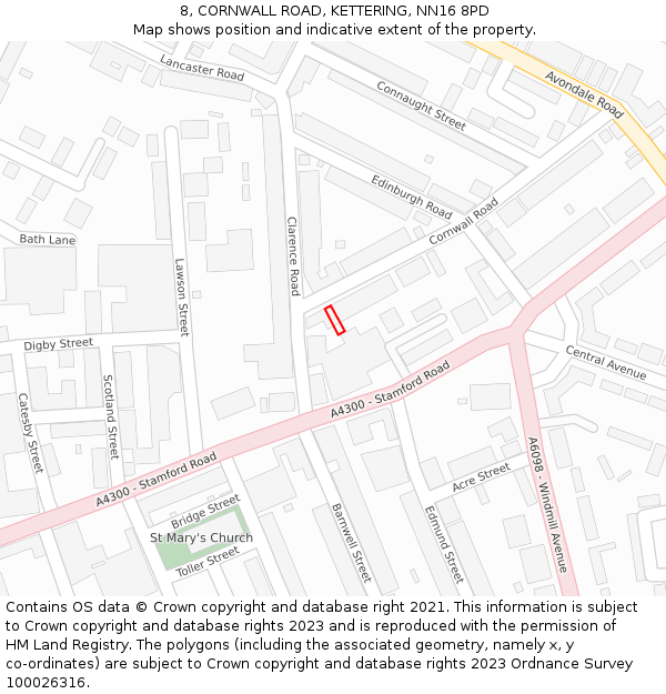 8, CORNWALL ROAD, KETTERING, NN16 8PD: Location map and indicative extent of plot