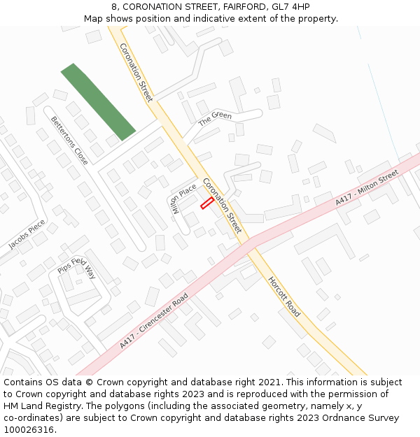 8, CORONATION STREET, FAIRFORD, GL7 4HP: Location map and indicative extent of plot