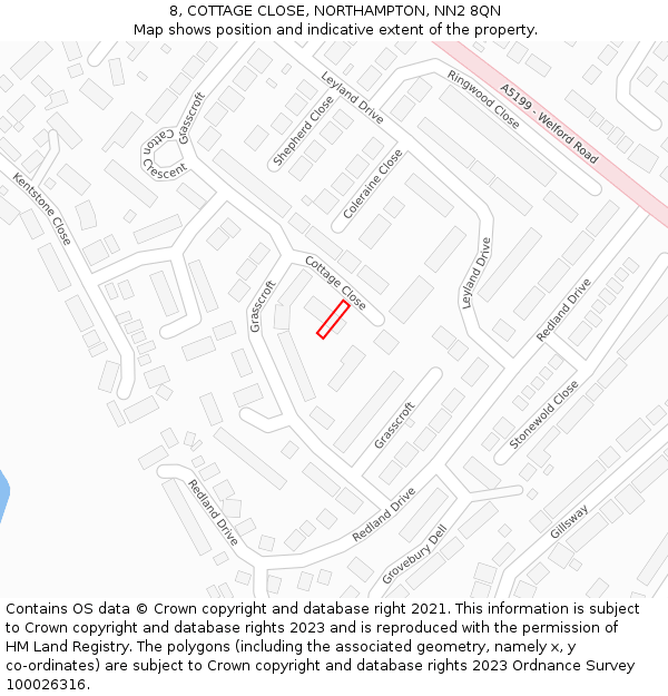 8, COTTAGE CLOSE, NORTHAMPTON, NN2 8QN: Location map and indicative extent of plot