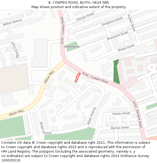 8, COWPEN ROAD, BLYTH, NE24 5BS: Location map and indicative extent of plot