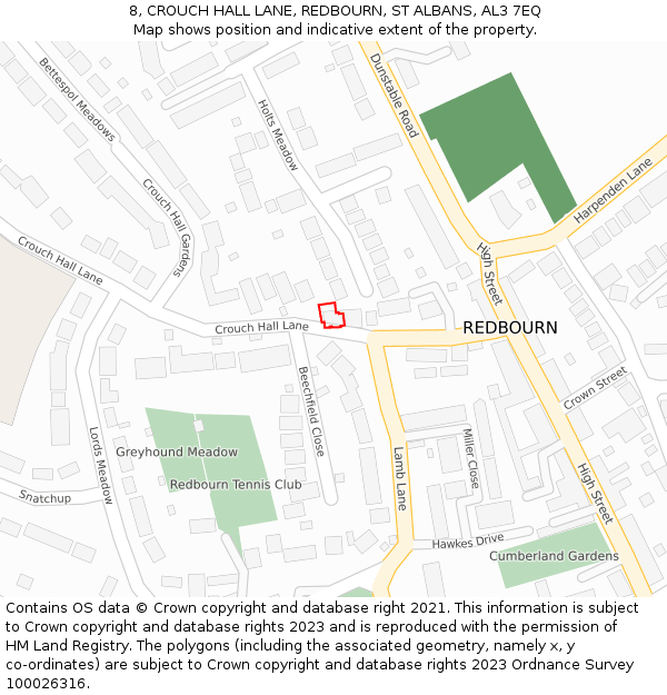8, CROUCH HALL LANE, REDBOURN, ST ALBANS, AL3 7EQ: Location map and indicative extent of plot