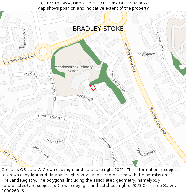 8, CRYSTAL WAY, BRADLEY STOKE, BRISTOL, BS32 8GA: Location map and indicative extent of plot