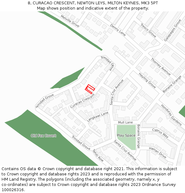 8, CURACAO CRESCENT, NEWTON LEYS, MILTON KEYNES, MK3 5PT: Location map and indicative extent of plot