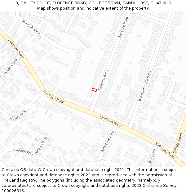 8, DALLEY COURT, FLORENCE ROAD, COLLEGE TOWN, SANDHURST, GU47 0US: Location map and indicative extent of plot
