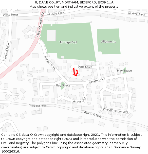 8, DANE COURT, NORTHAM, BIDEFORD, EX39 1UA: Location map and indicative extent of plot
