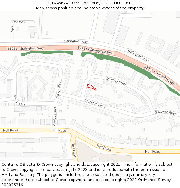 8, DAWNAY DRIVE, ANLABY, HULL, HU10 6TD: Location map and indicative extent of plot