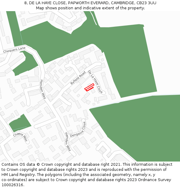 8, DE LA HAYE CLOSE, PAPWORTH EVERARD, CAMBRIDGE, CB23 3UU: Location map and indicative extent of plot