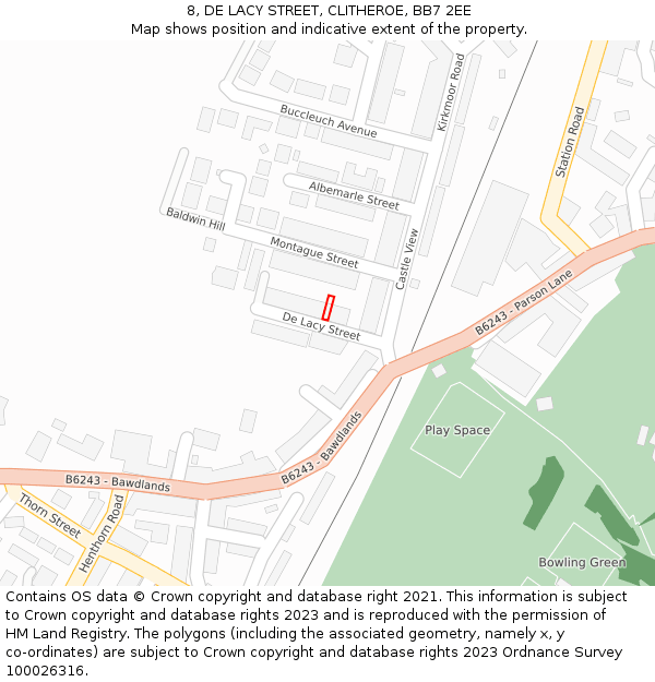 8, DE LACY STREET, CLITHEROE, BB7 2EE: Location map and indicative extent of plot