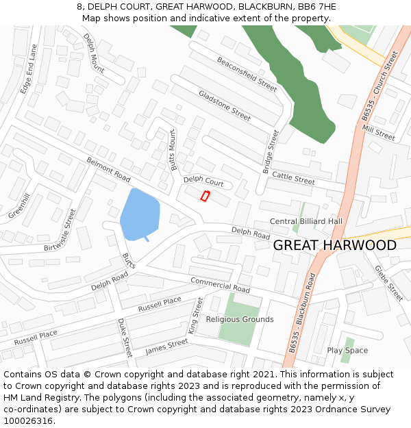 8, DELPH COURT, GREAT HARWOOD, BLACKBURN, BB6 7HE: Location map and indicative extent of plot