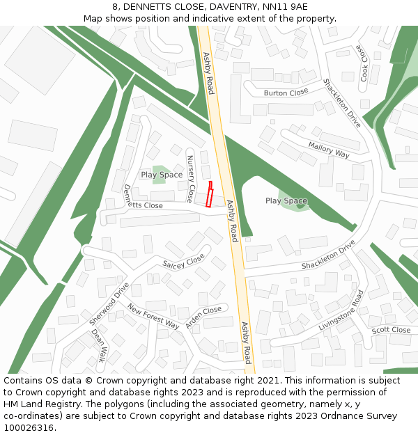 8, DENNETTS CLOSE, DAVENTRY, NN11 9AE: Location map and indicative extent of plot