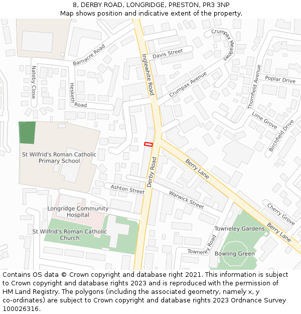 8, DERBY ROAD, LONGRIDGE, PRESTON, PR3 3NP: Location map and indicative extent of plot
