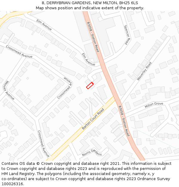 8, DERRYBRIAN GARDENS, NEW MILTON, BH25 6LS: Location map and indicative extent of plot