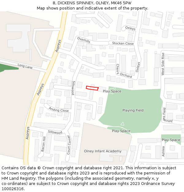8, DICKENS SPINNEY, OLNEY, MK46 5PW: Location map and indicative extent of plot