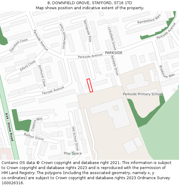 8, DOWNFIELD GROVE, STAFFORD, ST16 1TD: Location map and indicative extent of plot