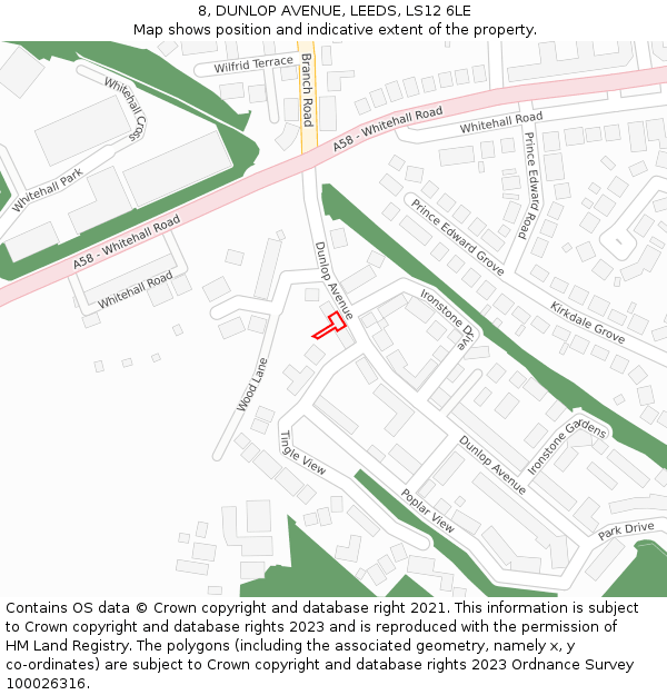 8, DUNLOP AVENUE, LEEDS, LS12 6LE: Location map and indicative extent of plot