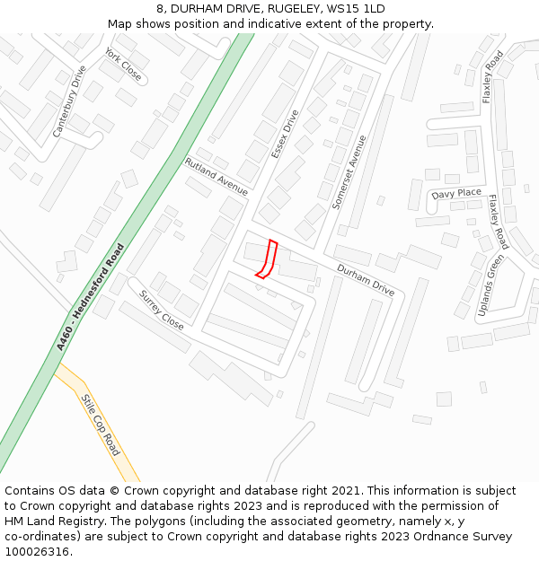 8, DURHAM DRIVE, RUGELEY, WS15 1LD: Location map and indicative extent of plot