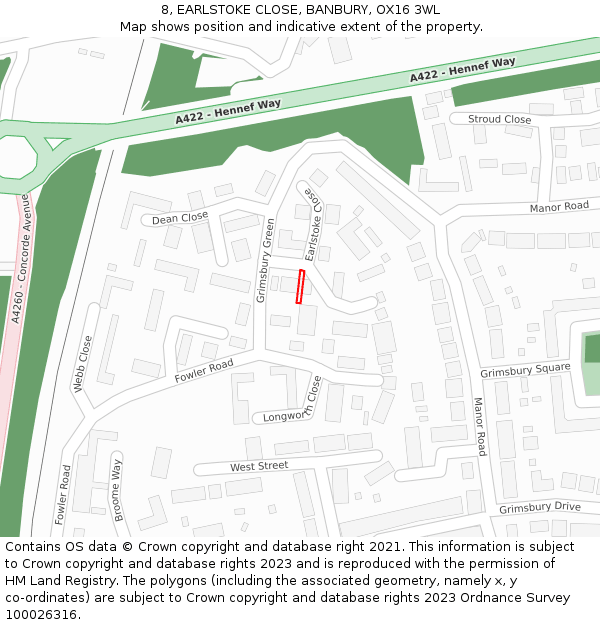 8, EARLSTOKE CLOSE, BANBURY, OX16 3WL: Location map and indicative extent of plot