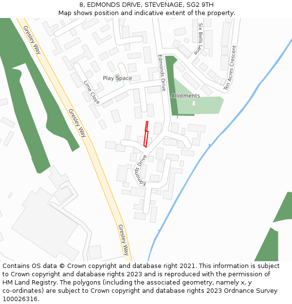 8, EDMONDS DRIVE, STEVENAGE, SG2 9TH: Location map and indicative extent of plot