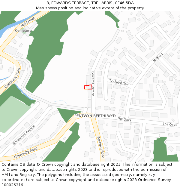 8, EDWARDS TERRACE, TREHARRIS, CF46 5DA: Location map and indicative extent of plot