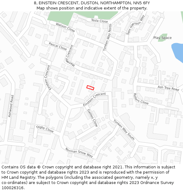 8, EINSTEIN CRESCENT, DUSTON, NORTHAMPTON, NN5 6FY: Location map and indicative extent of plot