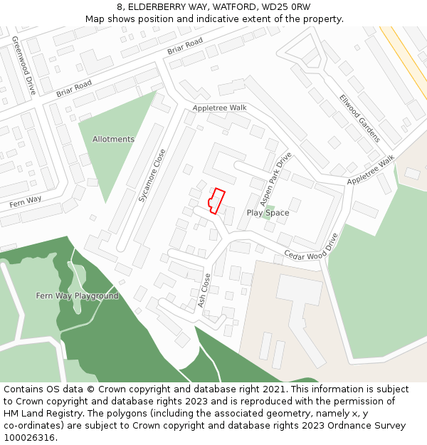 8, ELDERBERRY WAY, WATFORD, WD25 0RW: Location map and indicative extent of plot