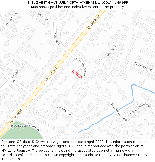 8, ELIZABETH AVENUE, NORTH HYKEHAM, LINCOLN, LN6 9RR: Location map and indicative extent of plot