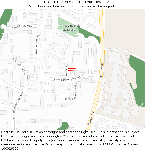 8, ELIZABETH FRY CLOSE, THETFORD, IP24 1TZ: Location map and indicative extent of plot