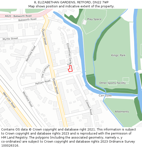 8, ELIZABETHAN GARDENS, RETFORD, DN22 7WP: Location map and indicative extent of plot