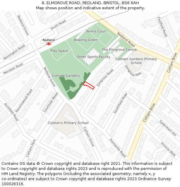 8, ELMGROVE ROAD, REDLAND, BRISTOL, BS6 6AH: Location map and indicative extent of plot