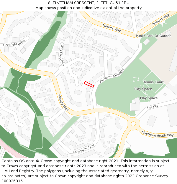 8, ELVETHAM CRESCENT, FLEET, GU51 1BU: Location map and indicative extent of plot